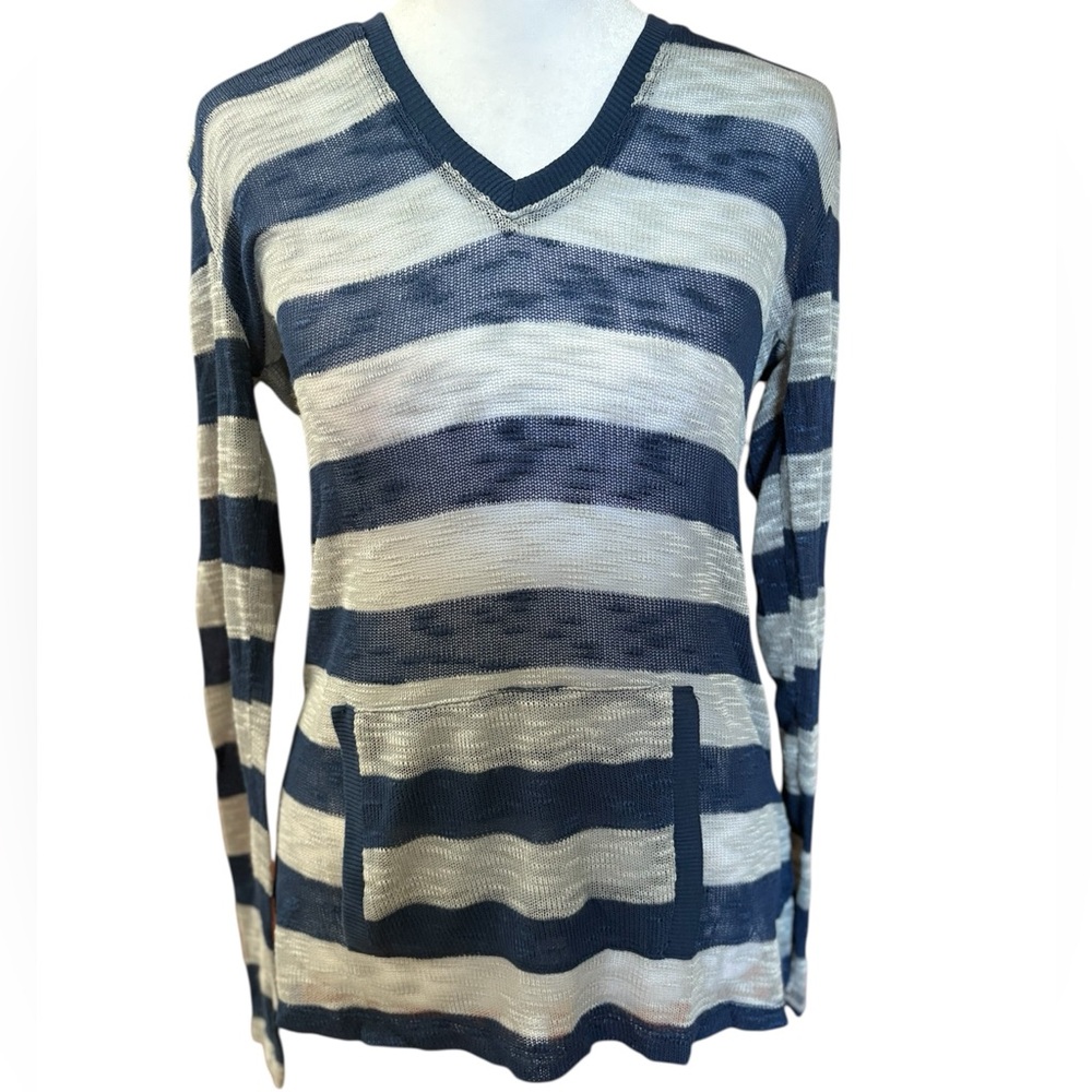 XS Bobeau Blue Gray Striped Hooded Sweater